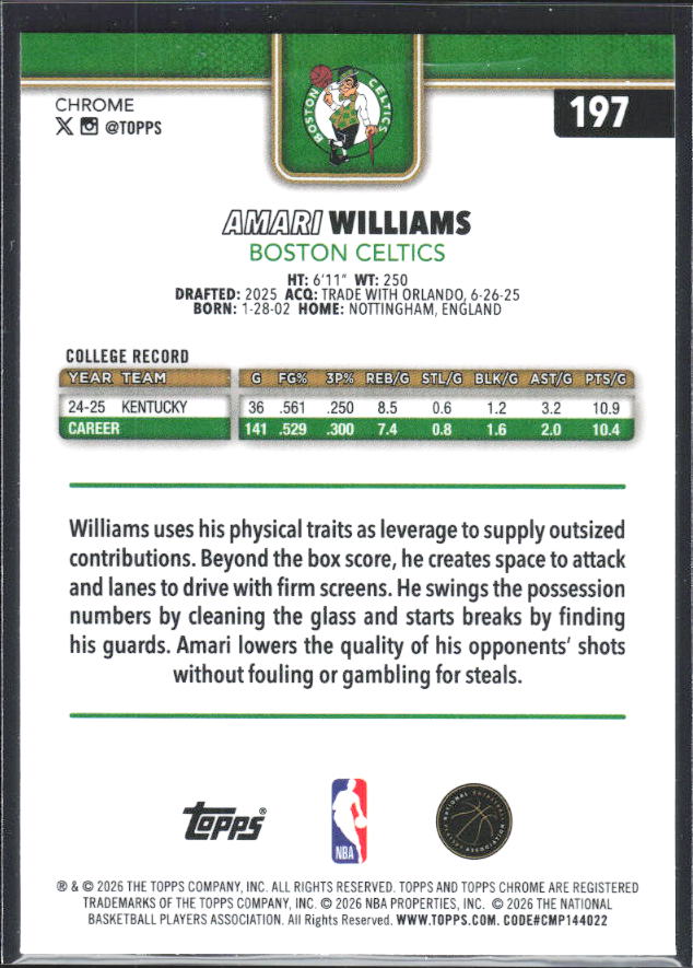 2025-26 Topps Chrome Update #197 Amari Williams - baksida