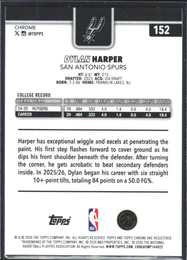 2025-26 Topps Chrome Update #152 Dylan Harper - baksida
