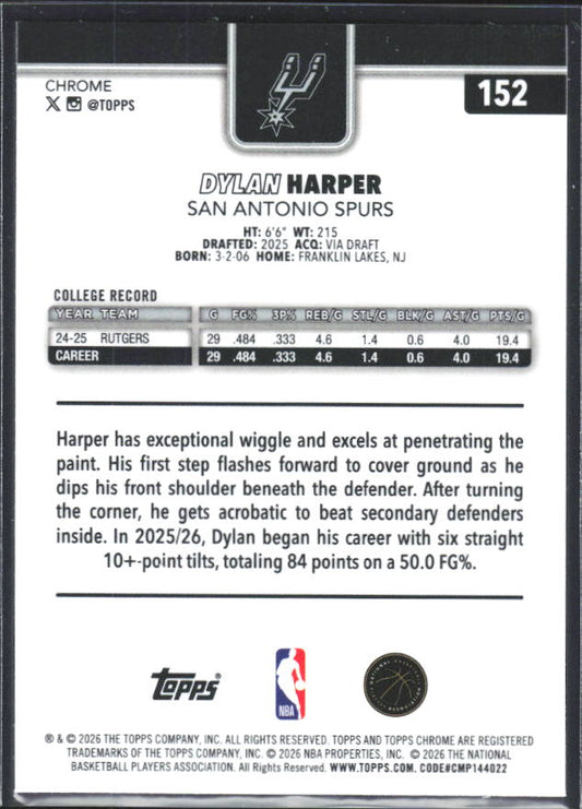 2025-26 Topps Chrome Update #152 Dylan Harper - baksida