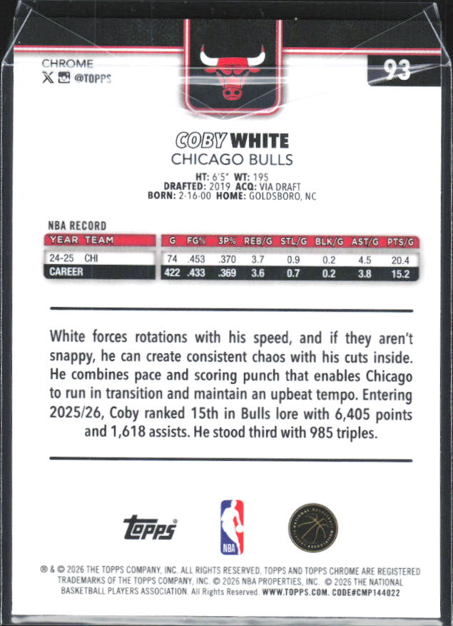 2025-26 Topps Chrome Update #93 Coby White X-Fractor - baksida