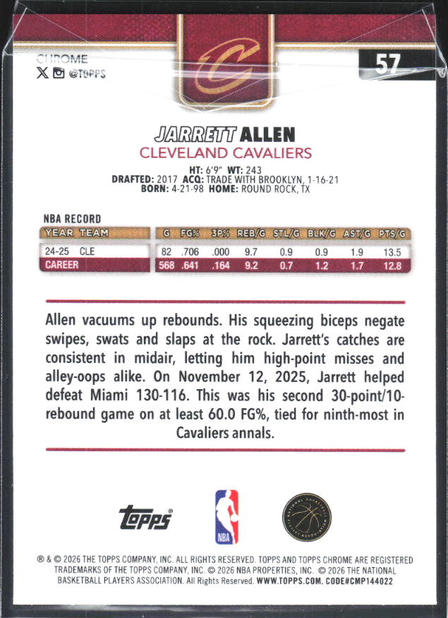 2025-26 Topps Chrome Update #57 Jarrett Allen X-Fractor - baksida