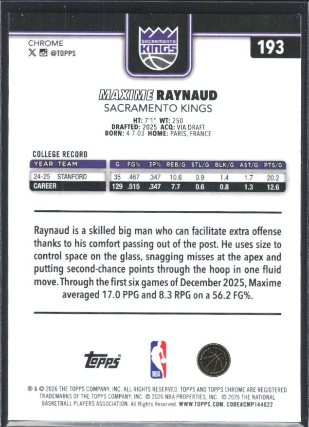 2025-26 Topps Chrome Update #193 Maxime Raynaud X-Fractor - baksida