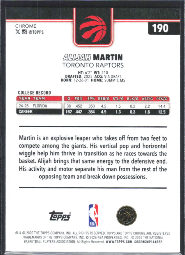 2025-26 Topps Chrome Update #190 Alijah Martin X-Fractor - baksida