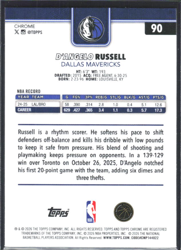 2025-26 Topps Chrome Update #90 D’Angelo Russell X-Fractor - baksida