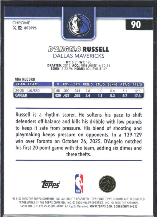 2025-26 Topps Chrome Update #90 D’Angelo Russell X-Fractor - baksida