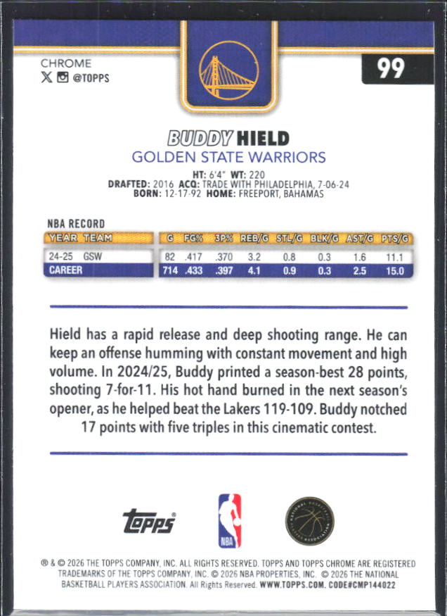 2025-26 Topps Chrome Update #99 Buddy Hield X-Fractor - baksida