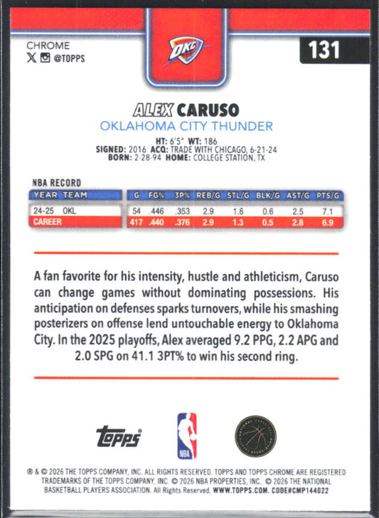 2025-26 Topps Chrome Update #131 Alex Caruso RayWave Refractor - baksida
