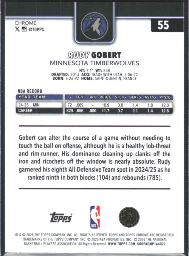 2025-26 Topps Chrome Update #55 Rudy Gobert - baksida