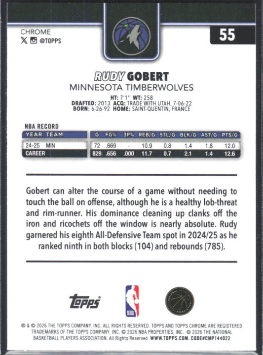 2025-26 Topps Chrome Update #55 Rudy Gobert - baksida