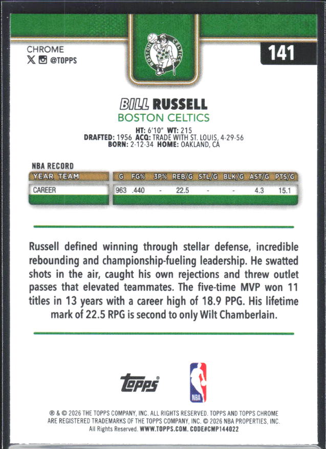 2025-26 Topps Chrome Update #141 Bill Russell - baksida