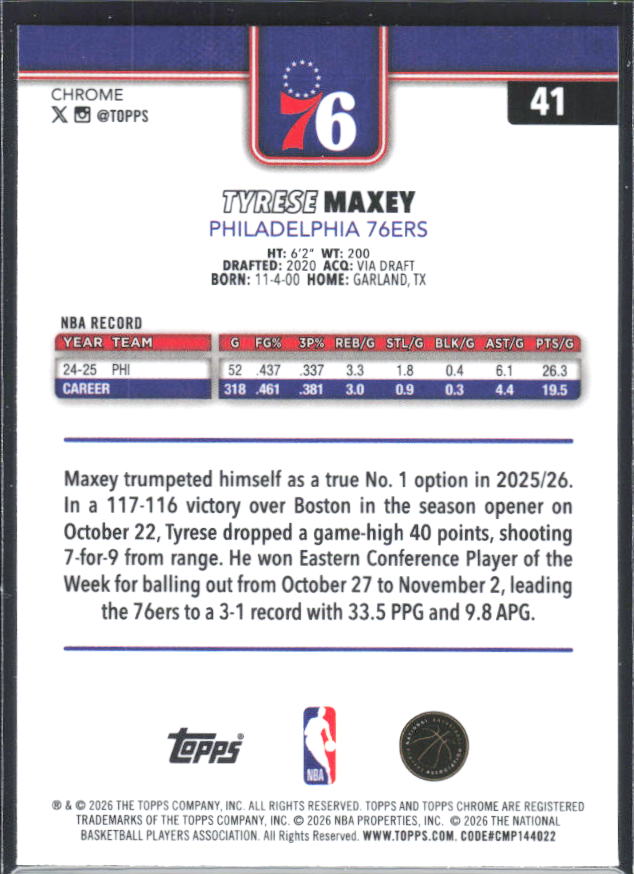 2025-26 Topps Chrome Update #41 Tyrese Maxey - baksida