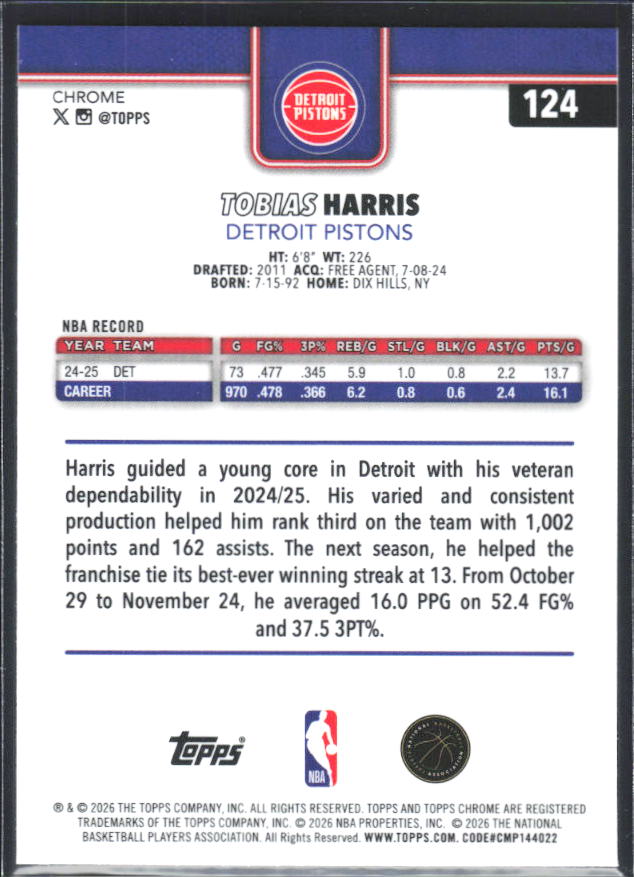 2025-26 Topps Chrome Update #124 Tobias Harris - baksida