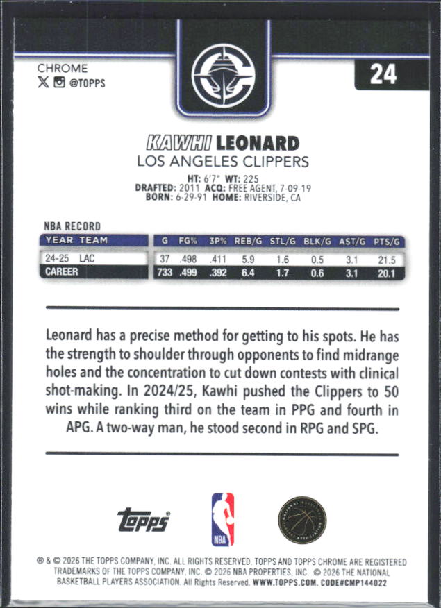 2025-26 Topps Chrome Update #24 Kawhi Leonard - baksida