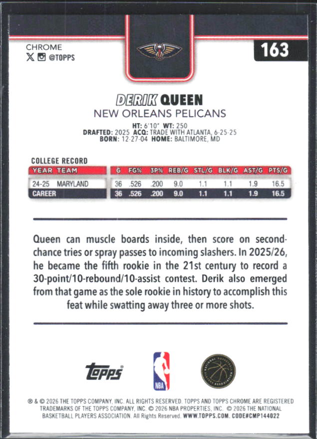 2025-26 Topps Chrome Update #163 Derik Queen - baksida