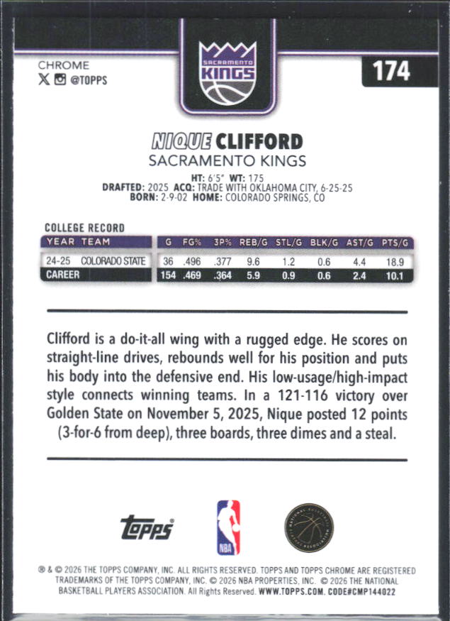 2025-26 Topps Chrome Update #174 Nique Clifford - baksida