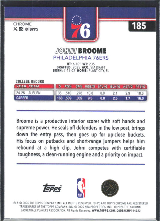2025-26 Topps Chrome Update #185 Johni Broome - baksida