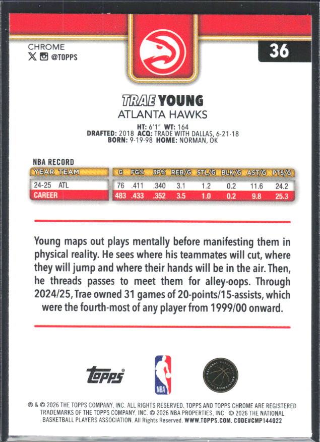 2025-26 Topps Chrome Update #36 Trae Young - baksida