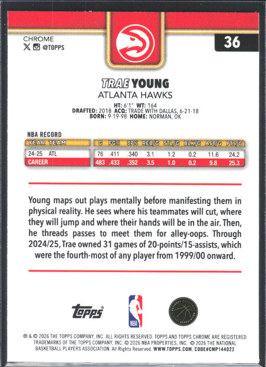 2025-26 Topps Chrome Update #36 Trae Young - baksida