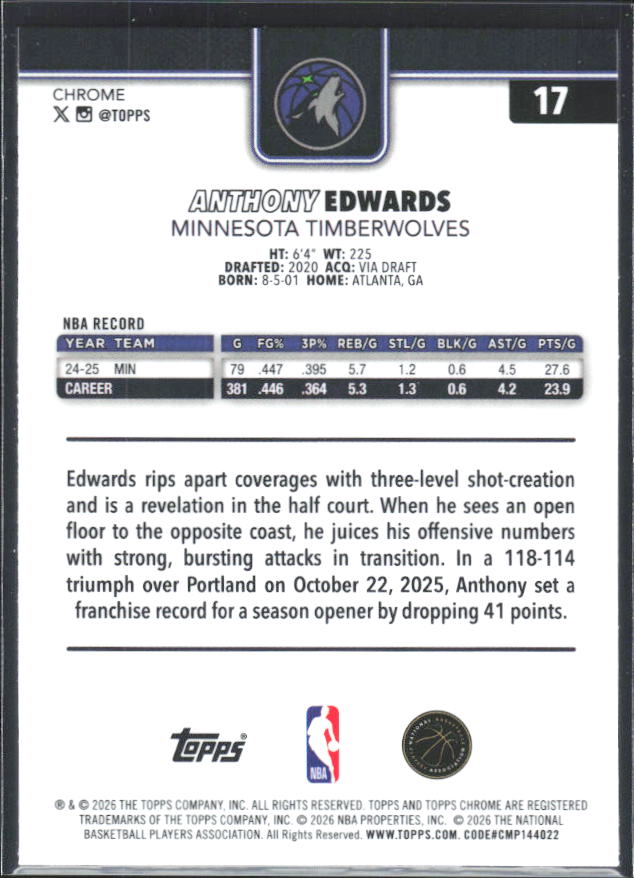 2025-26 Topps Chrome Update #17 Anthony Edwards - baksida