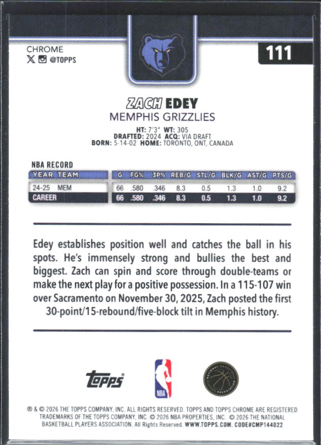 2025-26 Topps Chrome Update #111 Zach Edey - baksida