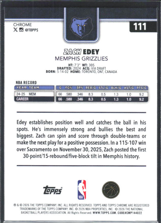 2025-26 Topps Chrome Update #111 Zach Edey - baksida