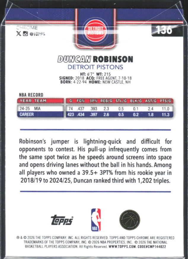 2025-26 Topps Chrome Update #136 Duncan Robinson - baksida