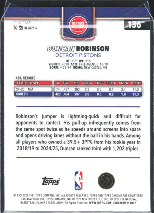 2025-26 Topps Chrome Update #136 Duncan Robinson - baksida