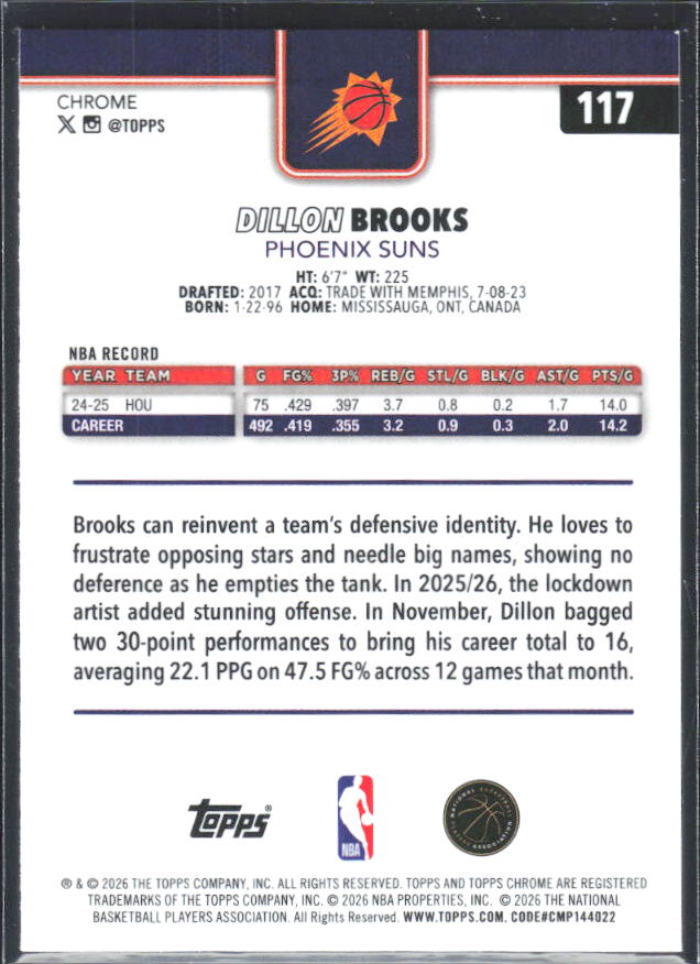 2025-26 Topps Chrome Update #117 Dillon Brooks - baksida