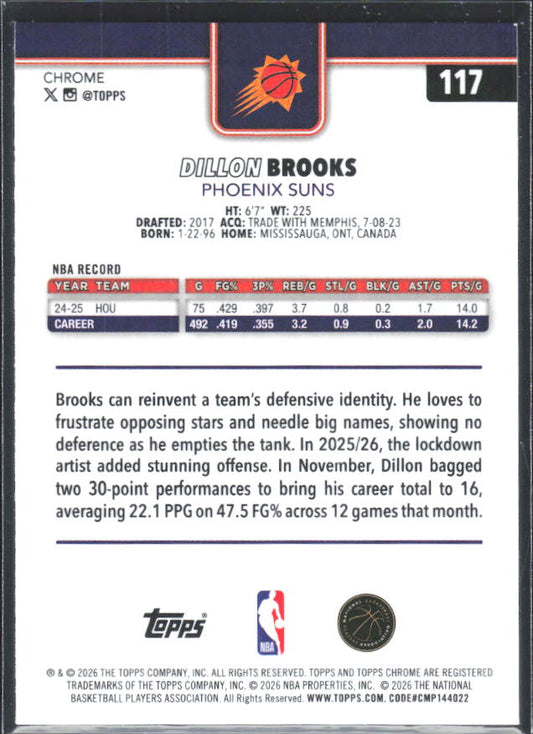 2025-26 Topps Chrome Update #117 Dillon Brooks - baksida