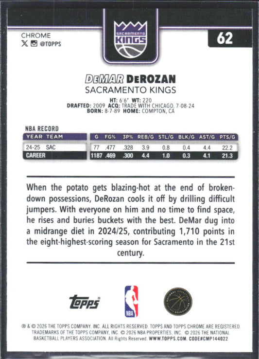 2025-26 Topps Chrome Update #62 DeMar DeRozan - baksida
