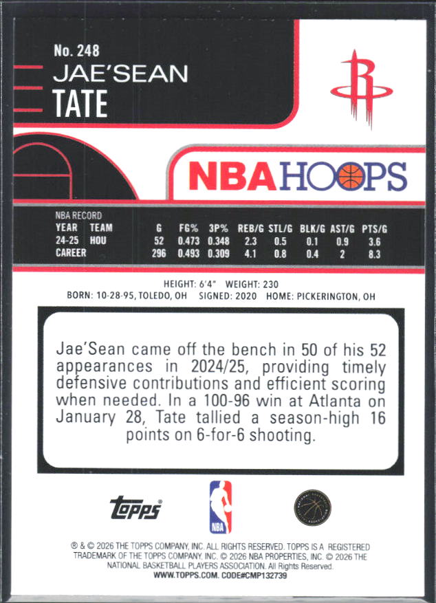 2025-26 Hoops #248 Jae'Sean Tate - baksida