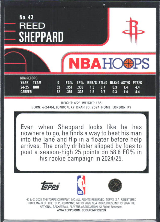2025-26 Hoops #43 Reed Sheppard - baksida