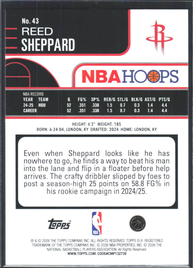 2025-26 Hoops #43 Reed Sheppard - baksida