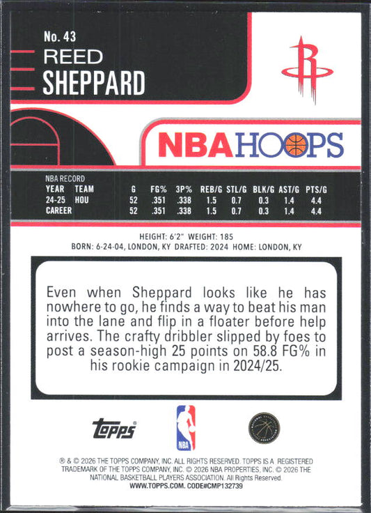 2025-26 Hoops #43 Reed Sheppard Fanatics - baksida