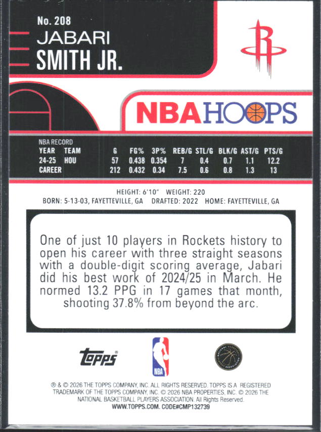 2025-26 Hoops #208 Jabari Smith Jr. Rainbow - baksida