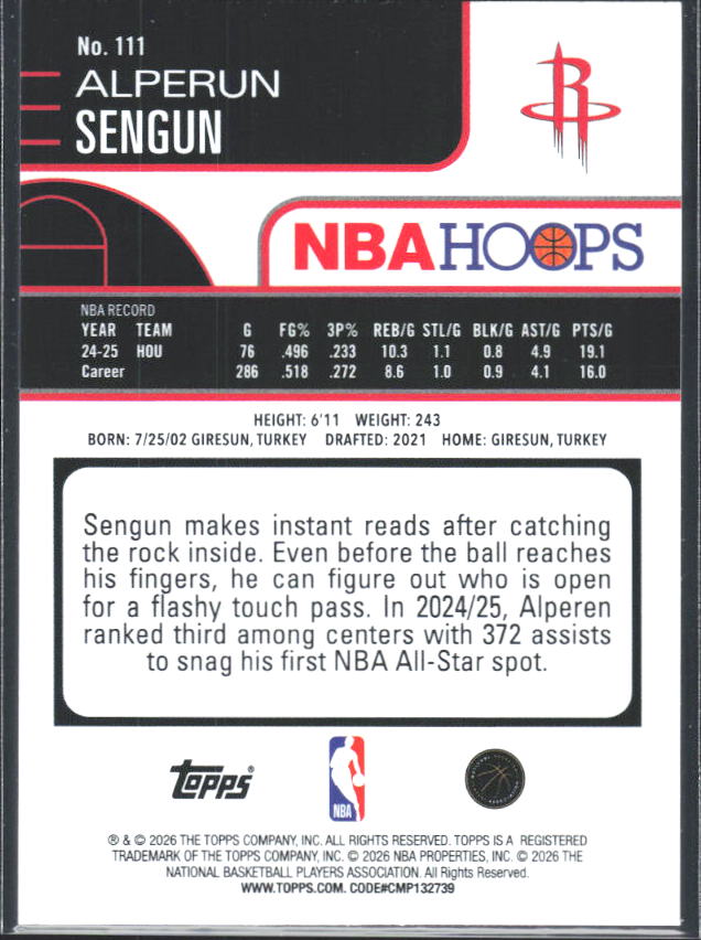 2025-26 Hoops #111 Alperen Sengun - baksida