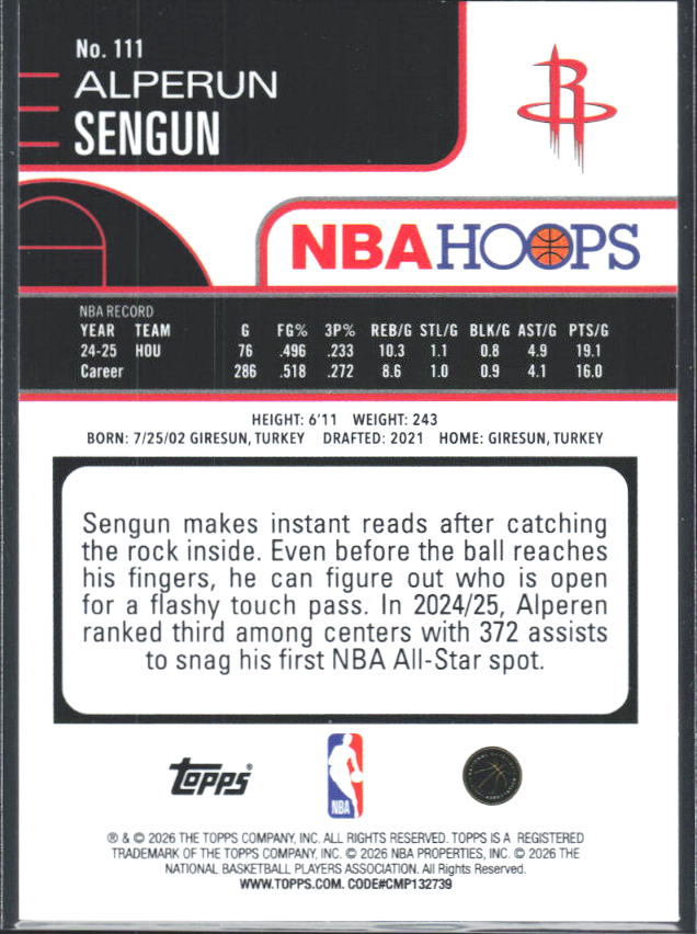 2025-26 Hoops #111 Alperen Sengun - baksida