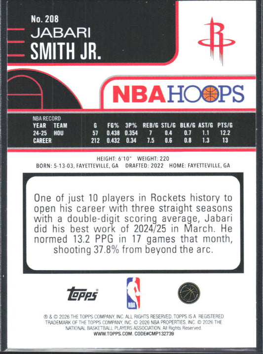 2025-26 Hoops #208 Jabari Smith Jr. - baksida