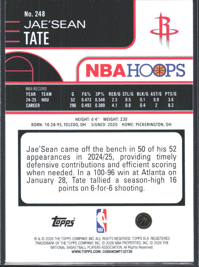2025-26 Hoops #248 Jae'Sean Tate - baksida