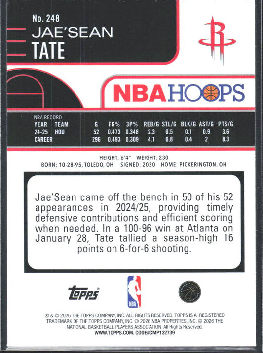 2025-26 Hoops #248 Jae'Sean Tate - baksida