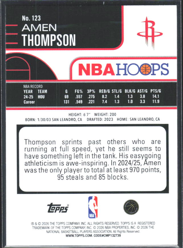 2025-26 Hoops #123 Amen Thompson - baksida