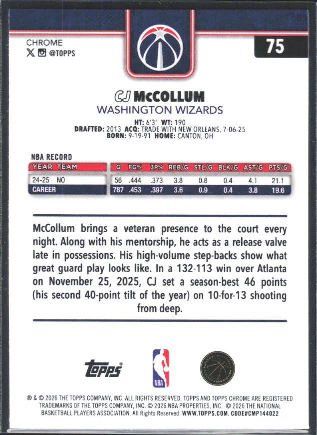 2025-26 Topps Chrome Update #75 CJ McCollum - baksida
