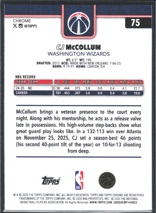 2025-26 Topps Chrome Update #75 CJ McCollum - baksida