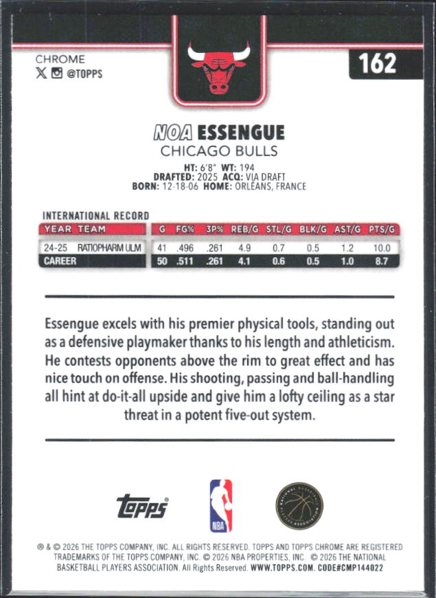 2025-26 Topps Chrome Update #162 Noa Essengue - baksida