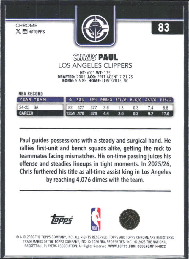 2025-26 Topps Chrome Update #83 Chris Paul - baksida