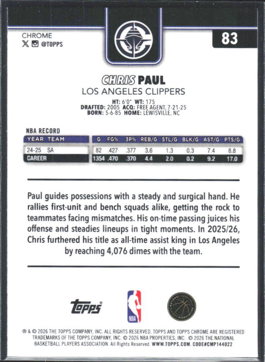 2025-26 Topps Chrome Update #83 Chris Paul - baksida