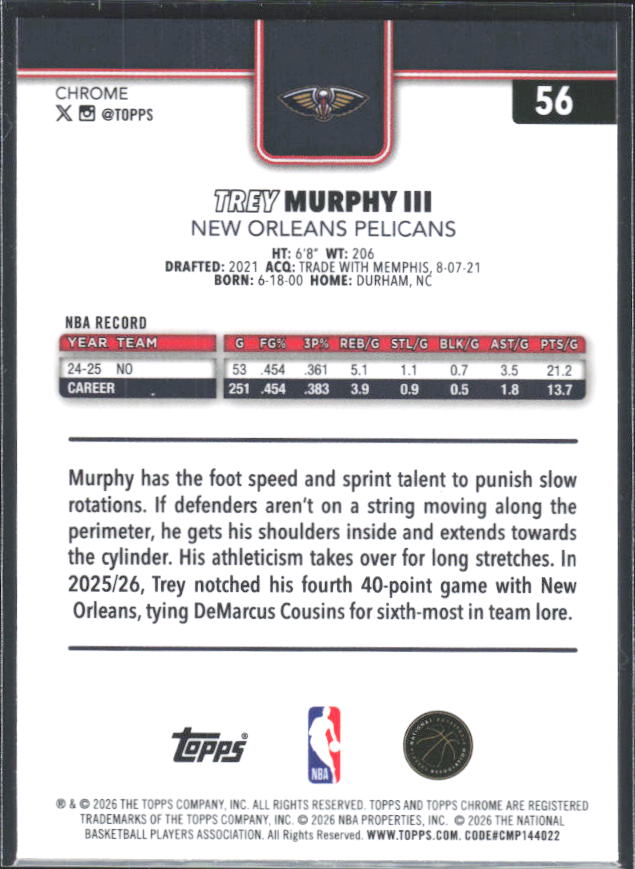 2025-26 Topps Chrome Update #56 Trey Murphy III - baksida