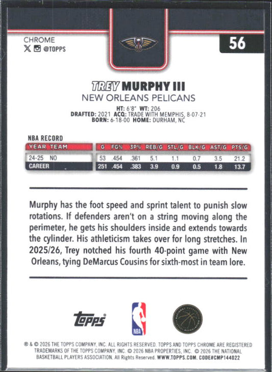 2025-26 Topps Chrome Update #56 Trey Murphy III - baksida
