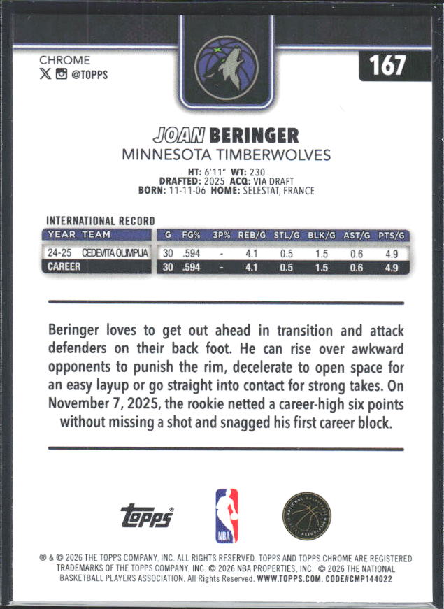 2025-26 Topps Chrome Update #167 Joan Beringer - baksida