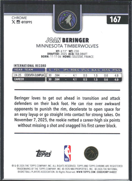 2025-26 Topps Chrome Update #167 Joan Beringer - baksida
